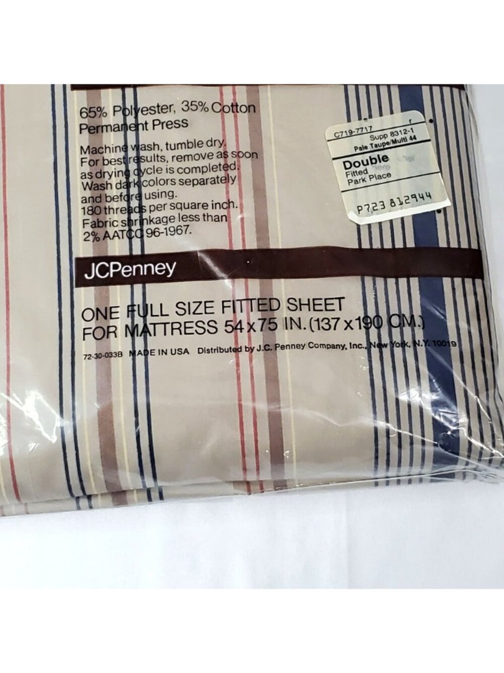 VTG JC Penney Percale Full Size Fitted Sheet Pale Taupe Multi Striped USA - Picture 7 of 8
